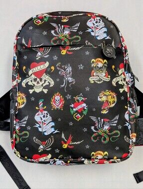 Ed Hardy Black Tattoo Print Backpack Skulls Tigers Graphic Bag NWT Unisex